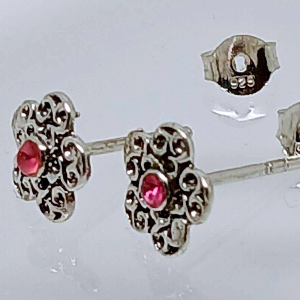 925 Sterling Silver Pink Filigree Flower Stud Earrings Vintage 1990s Floral Post